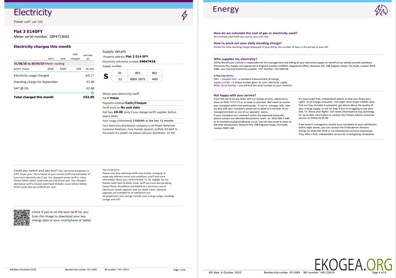 United Kingdom Utility Warehouse electricity utility bill template in Word and PDF format (6 pages) 3 4